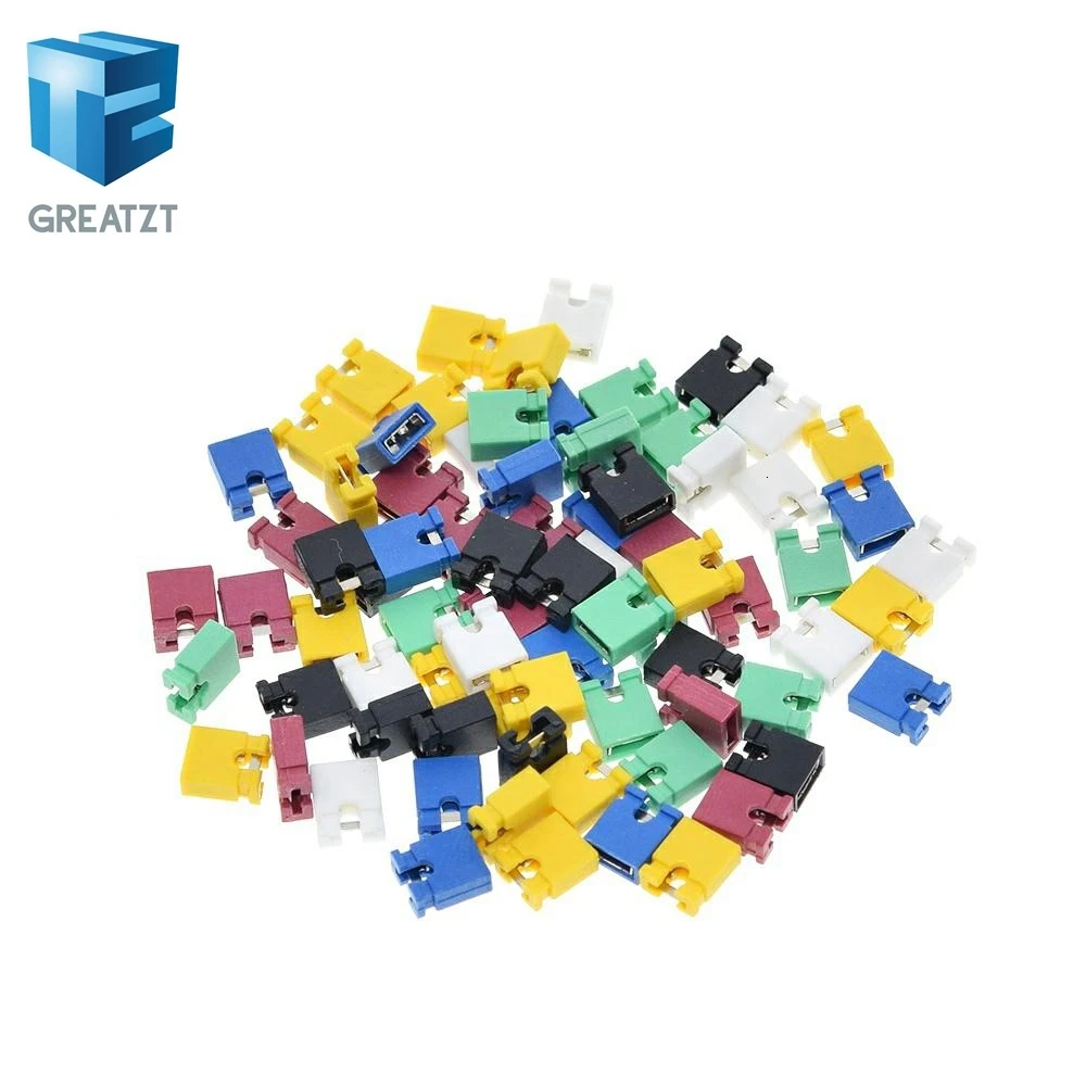GREATZT, 100 шт., перемычки, Короткие колпачки, коннекторы и провода, 2,54 мм, шунт, черный, желтый, белый, зеленый, красный, синий