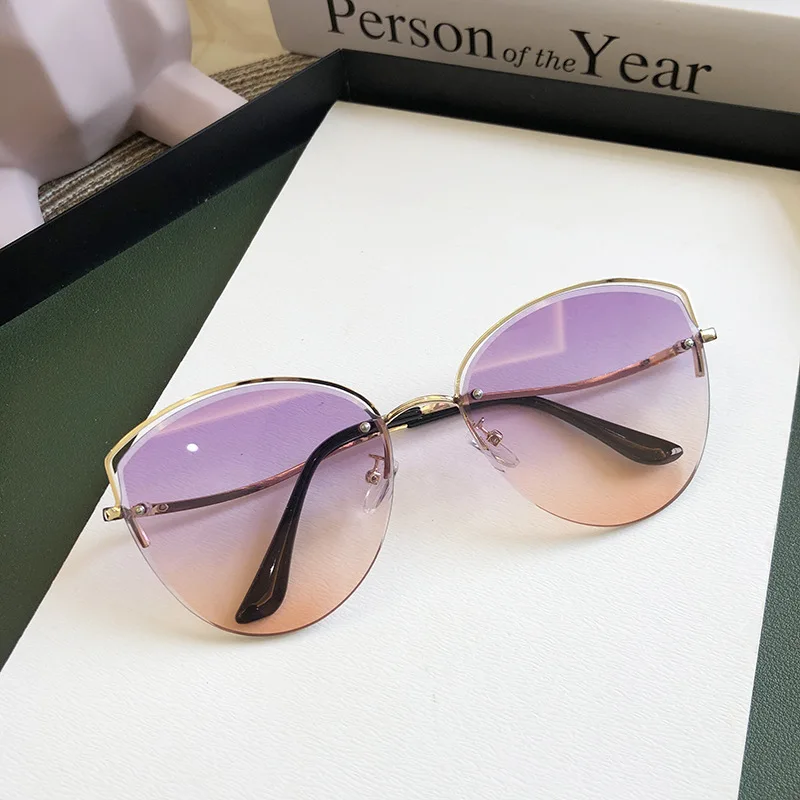 Brand Rimless Sunglasses Women Luxury Cat Eye Sun Glasses Ladies Clear Gradient Sunglass 2022 Diamond Cutting Lenes UV400 big sunglasses for women