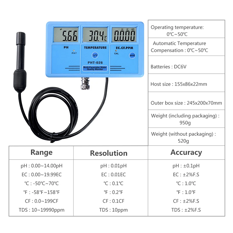 Высокоточный рН-метр мультипараметрический монитор качества воды PH/TEMP/EC/CF/TDS тестер цифровой счетчик воды с монтажным кронштейном