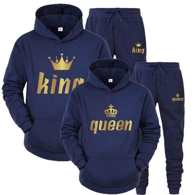 2022 Fashion Couple Sportwear Set KING or QUEEN Printed Lover Hooded Suits Hoodie and Pants 2pcs Set Streetwear Men Women Cloths Navy Blue Queen
