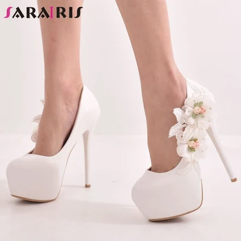

SaraIris Fashion High Thin Heels Pumps Women Concise Shallow Platform Bridal Pumps Ladies New Sweet Dress Flower Shoes