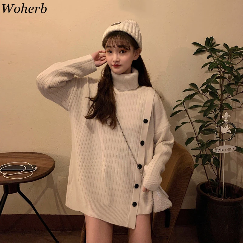 Woherb, осень и зима, новинка, водолазка, пуловер, свитер, женский, свободный, вязанный Топ, на пуговицах, патч, Повседневный, корейский свитер