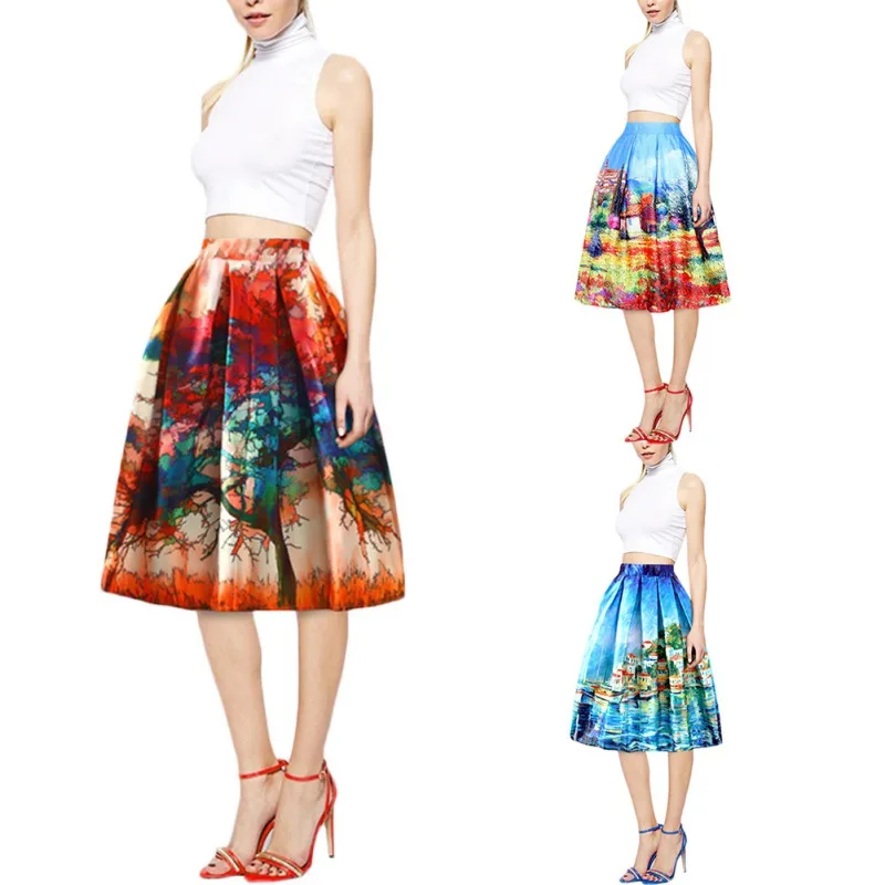 

Womens Skirt Cotton Sexy Midi Christmas Skirt Floral Printed Red Blue Plus Size High Waist Retro Korean version Female Skirt