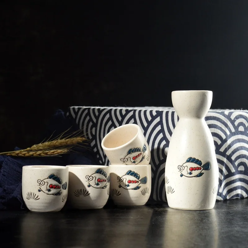 Japanese Sake Wine Warmer 1 Pot 4 Cups Ceramic Wineware Cherry Blossom Pattern Sake Pot Yellow Wine Cup Elegant Gift