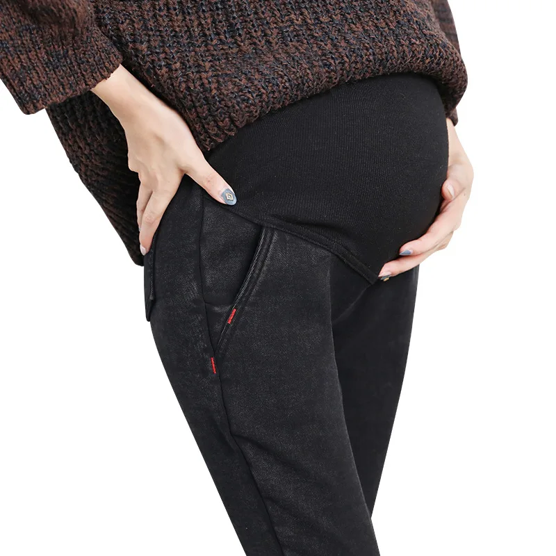 Womens Pregnant Warm Leggings High Waist Imitation Denim Jeans Autumn Winter Pencil Pants Plus Velvet & No Velvet For Pregnancy 3