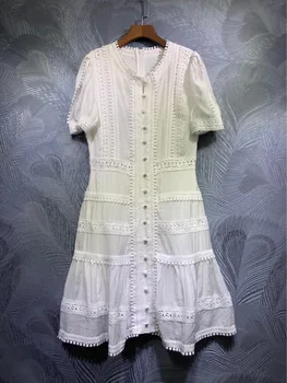 

2020 summer runway designer women lace patchwork buttons dresses short sleeve o-neck solid dress holiday white black y792