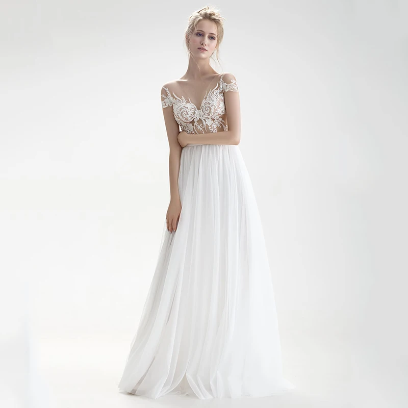 

V-neck A-line Wedding Gowns 2020 Charming Sweep Train Appliques White Ivory Short Sleeve Tulle Bridal Dress