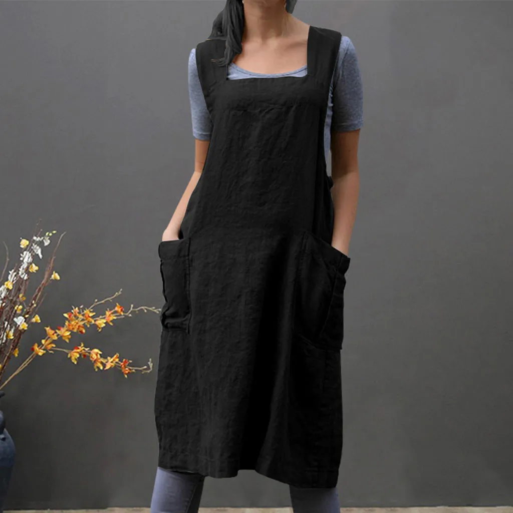Woman Cotton Linen Dresses Sleeveless Tunic Pinafore Dress with Pocket Casual Summer Pinafore Square Cross Apron for Women 