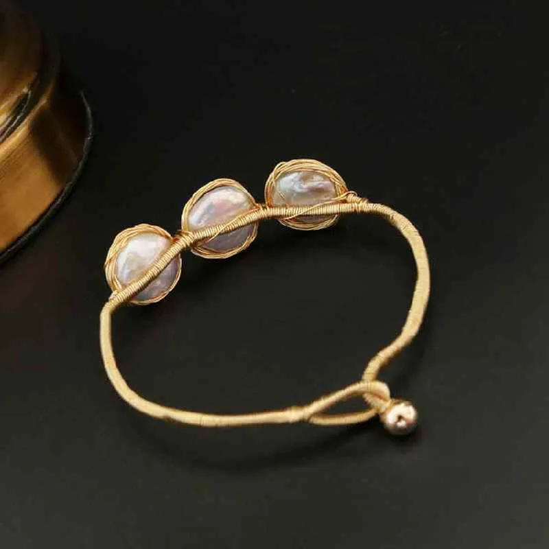 Bracelets for Women Hademade Brass wire Winding Braclet on hand Real Freshwater Pearls Baroco style femme Birthday Gifts