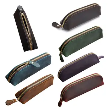 

Crazy Horse Leather Pencil Bag Vintage Retro Zipper Fountain Pen Makeup Pouch PXPA