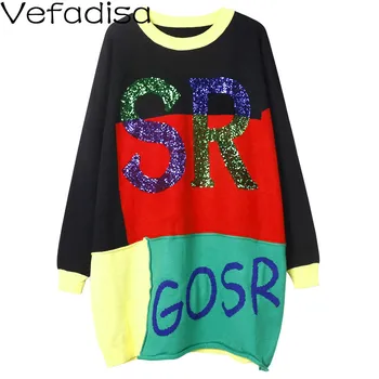 

Vefadisa Sequins Letter Print Sweater Stitching Color Women Sweater 2020 Autumn Pullover Knitting Coat Patchwork Sweater QYF3688