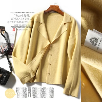 

Elegant Pure Color Short Cardigan Women 2020 Spring New Good Quality Sheep Wool Worsted Double Knits Warm Fashion