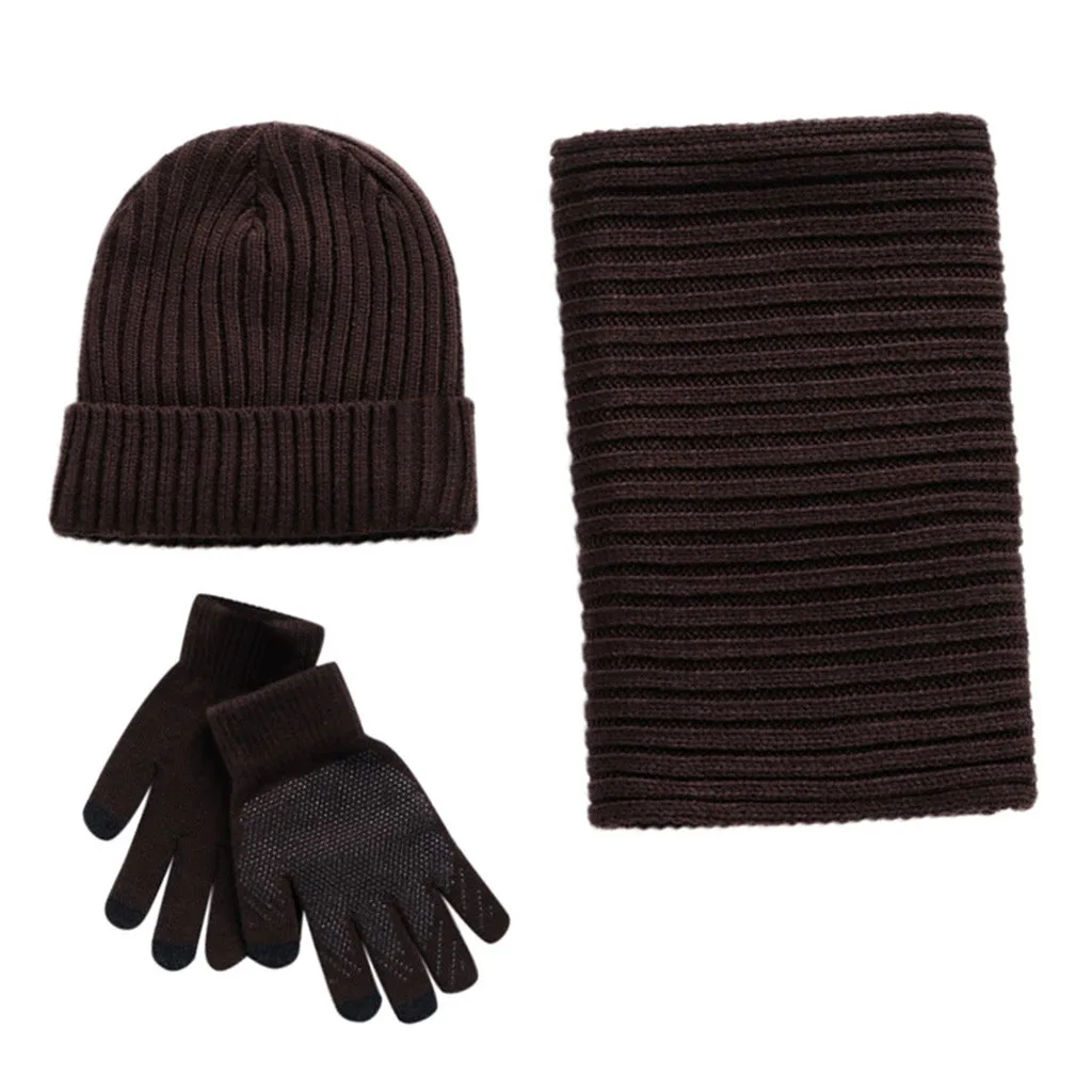 Зимний комплект из 3 предметов, унисекс шарф, перчатки, теплая вязаная шапка+ шарф+ перчатки, наружные шарфы, набор перчаток - Цвет: Coffee