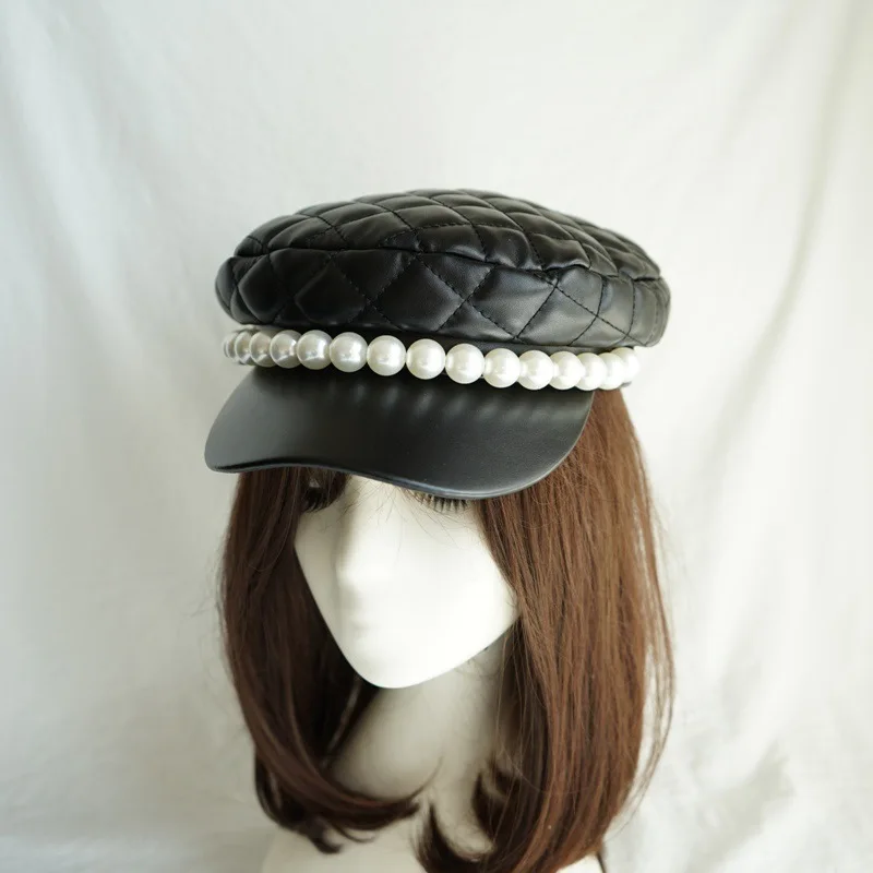 

01909-panshi-pu pearl British Style black fashion lady visors hat women leisure street cap