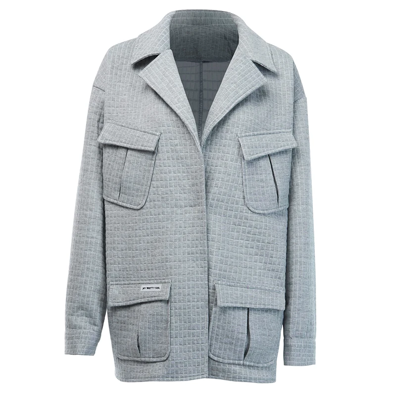WannaThis серого цвета, на осень, жакет, женский пиджак из хлопка теплая верхняя одежда с v-образным вырезом зимняя Повседневное модные Однобортный пальто