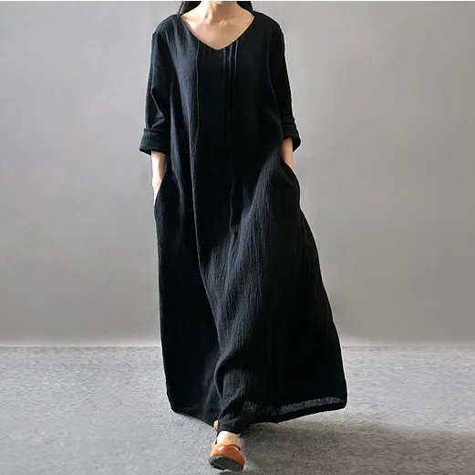 M9125 женское платье средней длины с длинными юбками, Осеннее льняное платье с текстурой и художественной текстурой, большой размер
