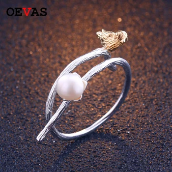 

OEVAS 100% 925 Sterling Silver Creative Designer Bird Pearl flower Branch Fine Jewelry Adjustable Party Rings Gifts For Women