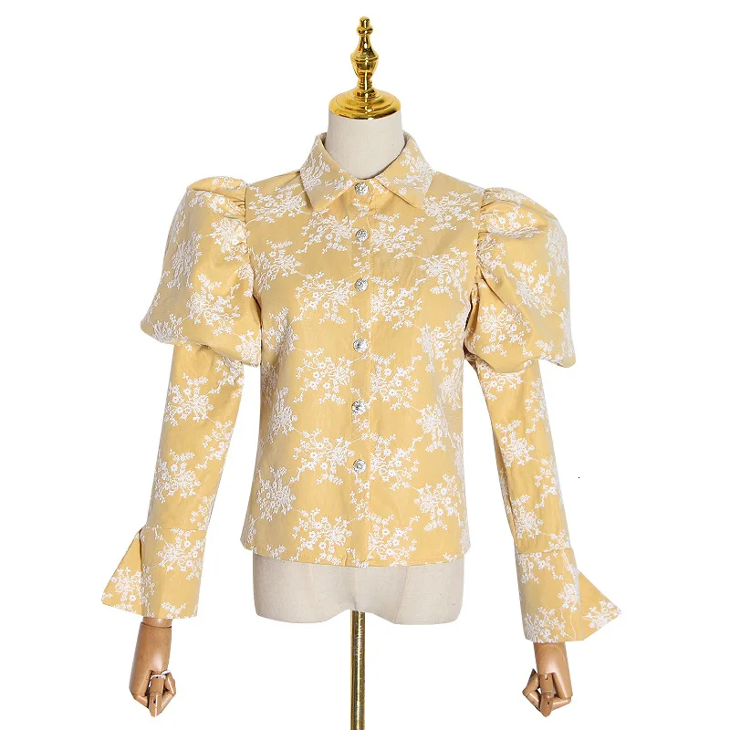 Женская сетчатая блузка, рубашка, женские шикарные Стильные топы, Blusas Mujer De Moda, отложной воротник, пуговицы, пышные рукава, принт, модная одежда