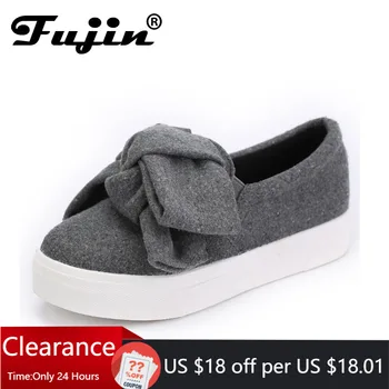 

Fujin 3cm black grey women spring boots winter Fashion Women Flats Bow Woman Platform Shoes Slip On Espadrilles Shoes Creepers