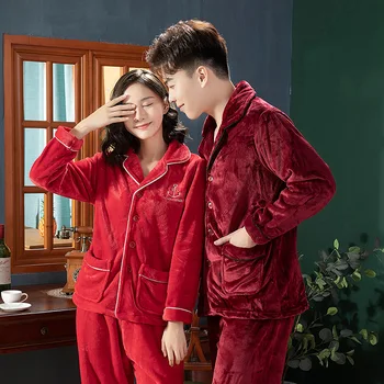

Sleepewar Winter Warm Couple Coral Fleece Nightwear Sleep Set Flannel 2PCS Pajamas Set Casual Soft Women Home Clothes Negligee