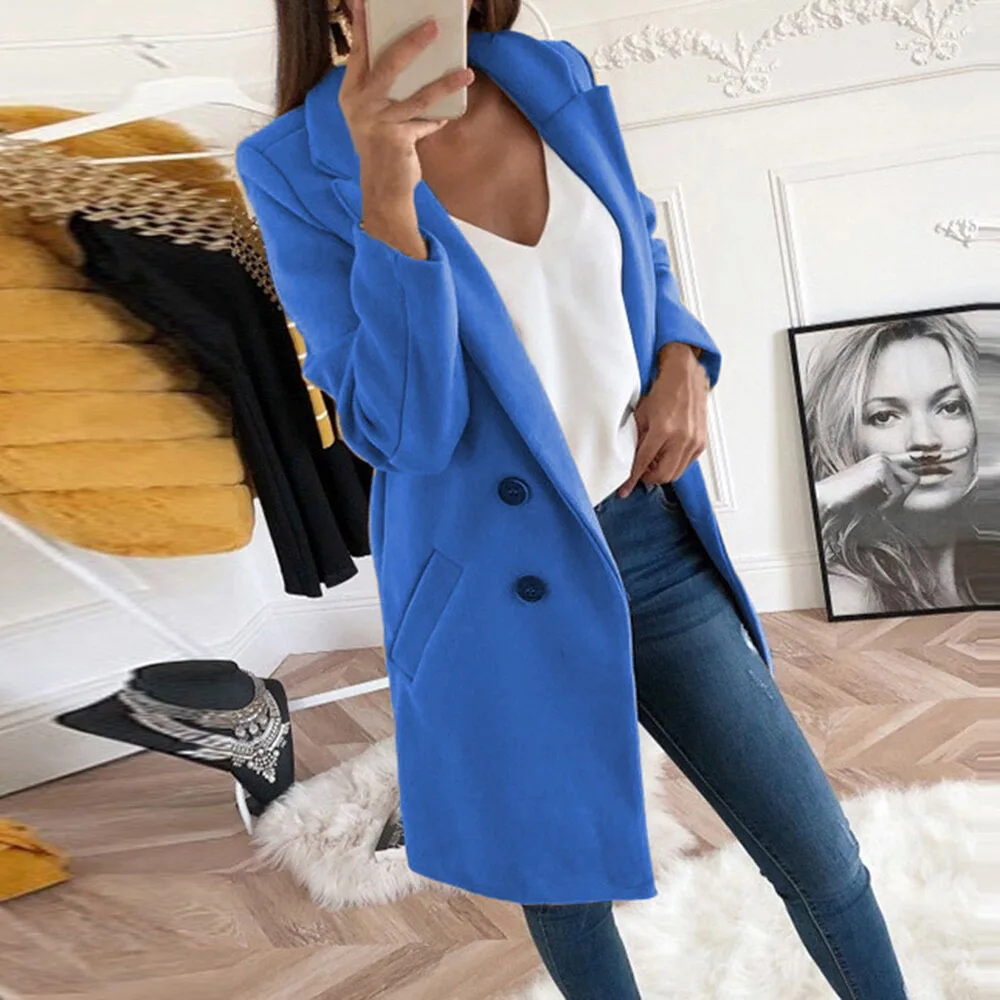 Новое шерстяное пальто, однотонное, тонкое, с отворотом, на пуговицах, Женская куртка - Цвет: Синий