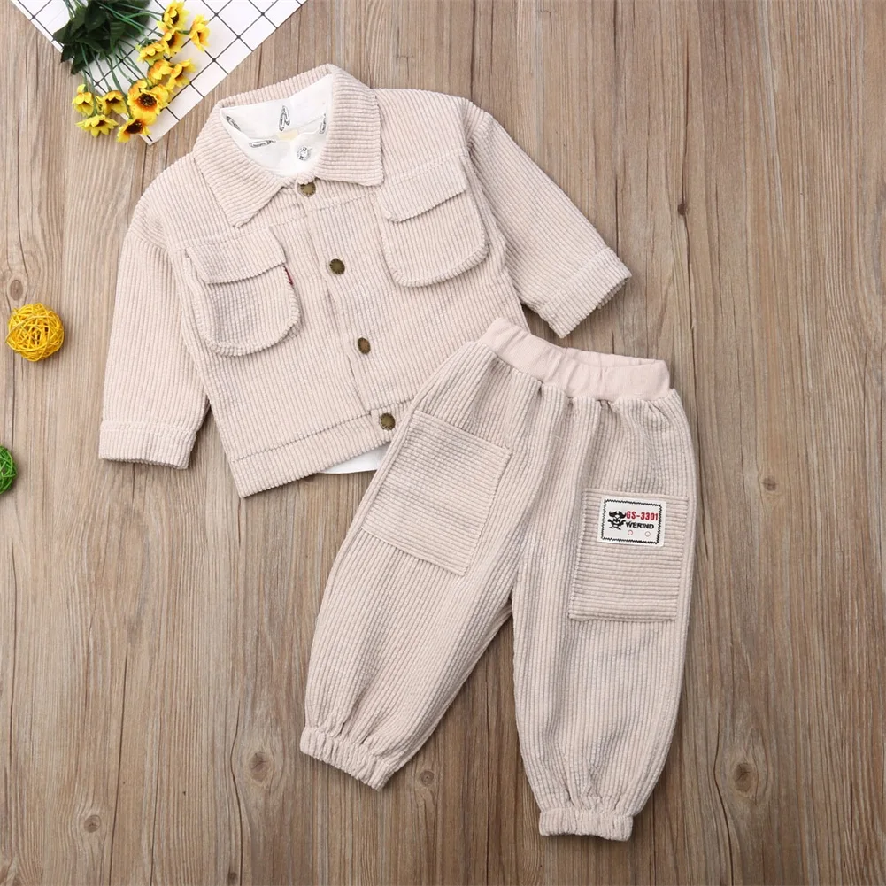 Модные осенние комплекты одежды для маленьких мальчиков и девочек вельветовые с длинным рукавом из 3 предметов, рубашка+ пальто+ штаны