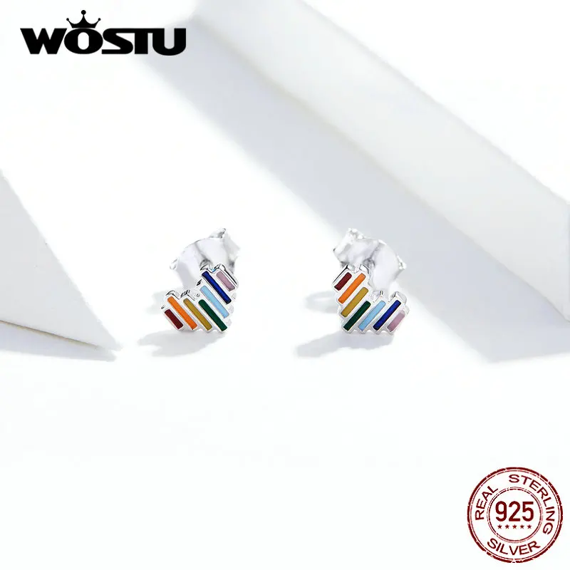 WOSTU подлинные 925 пробы серебряные серьги с радужным сердцем для женщин Новые Красочные Модные украшения для свадебного подарка BKE787