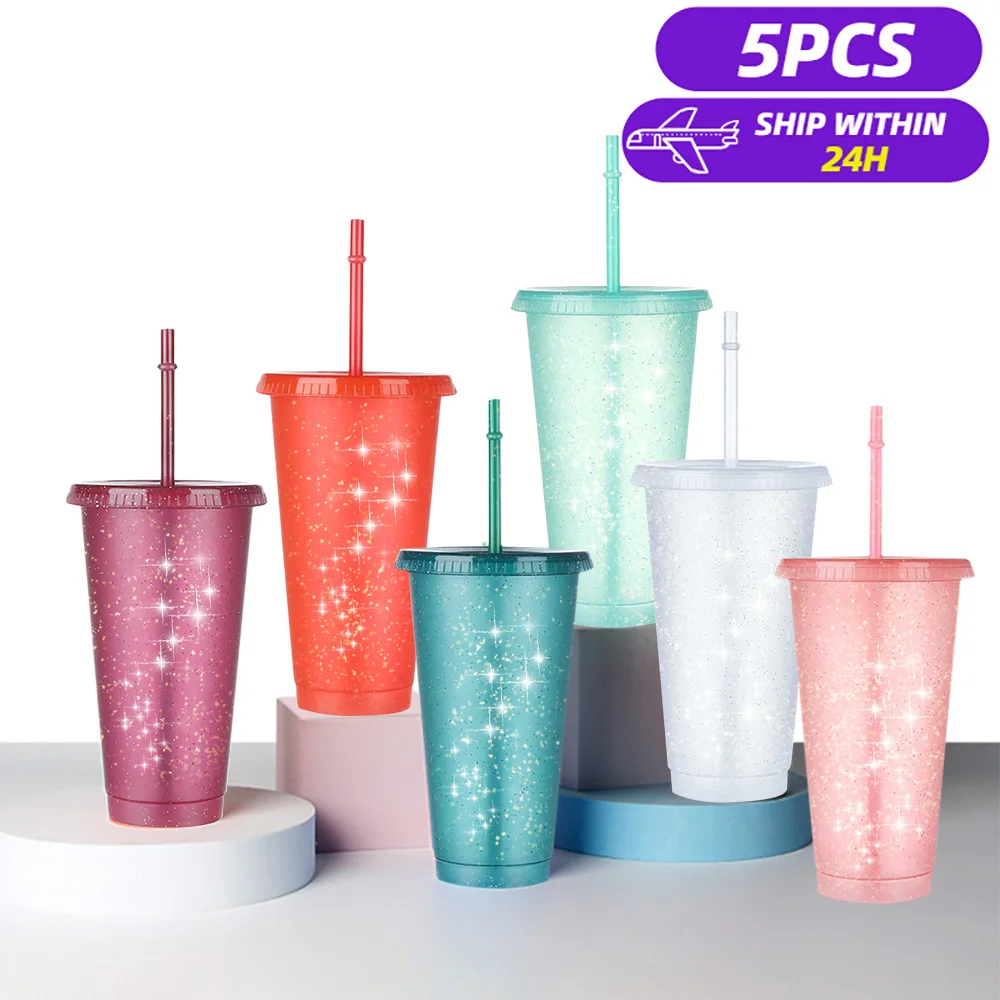 5PCS Flash Powder Water Bottles For Girl With Straw Reusable Hard Plastic Tumbler lid Coffee Cup Drinkware Christmas Gift | Дом и сад