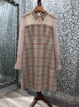 

2020 Early Autumn New Women's Lace Stitching Lapel Perspective Decorative Plaid Long-Sleeved Dress 814