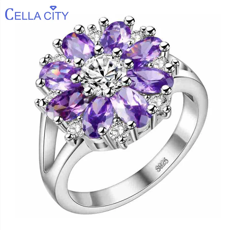 Cellacity Graceful Flower shaped Silver 925 Jewelry Gemstones Ring for Women Ruby Amethyst Powder crystal Chrysanthemum Dating Cellacity Graceful Flower shaped Silver 925 Jewelry Gemstones Ring for Women Ruby Amethyst Powder crystal Chrysanthemum Dating