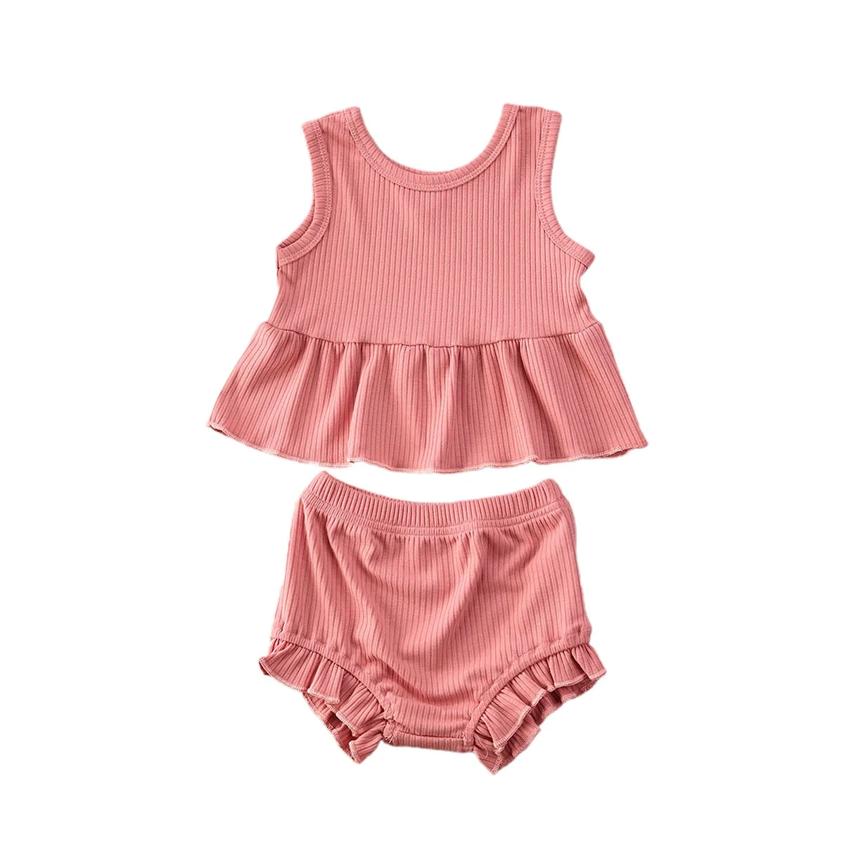 baby clothing set line 2Pcs Summer New Ribbed Baby Girls Clothes Breathable Flouncing Outfits Suit Toddlers Casual Solid Sleeveless Top Shorts Set sun baby clothing set Baby Clothing Set