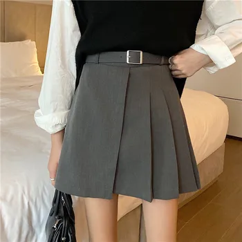 

Fashionable Women Harajuku Short Skirt Classic Irregular Black Plaid Pleated Skirt High Waist Skirts With Belt Sashes Mini Skirt