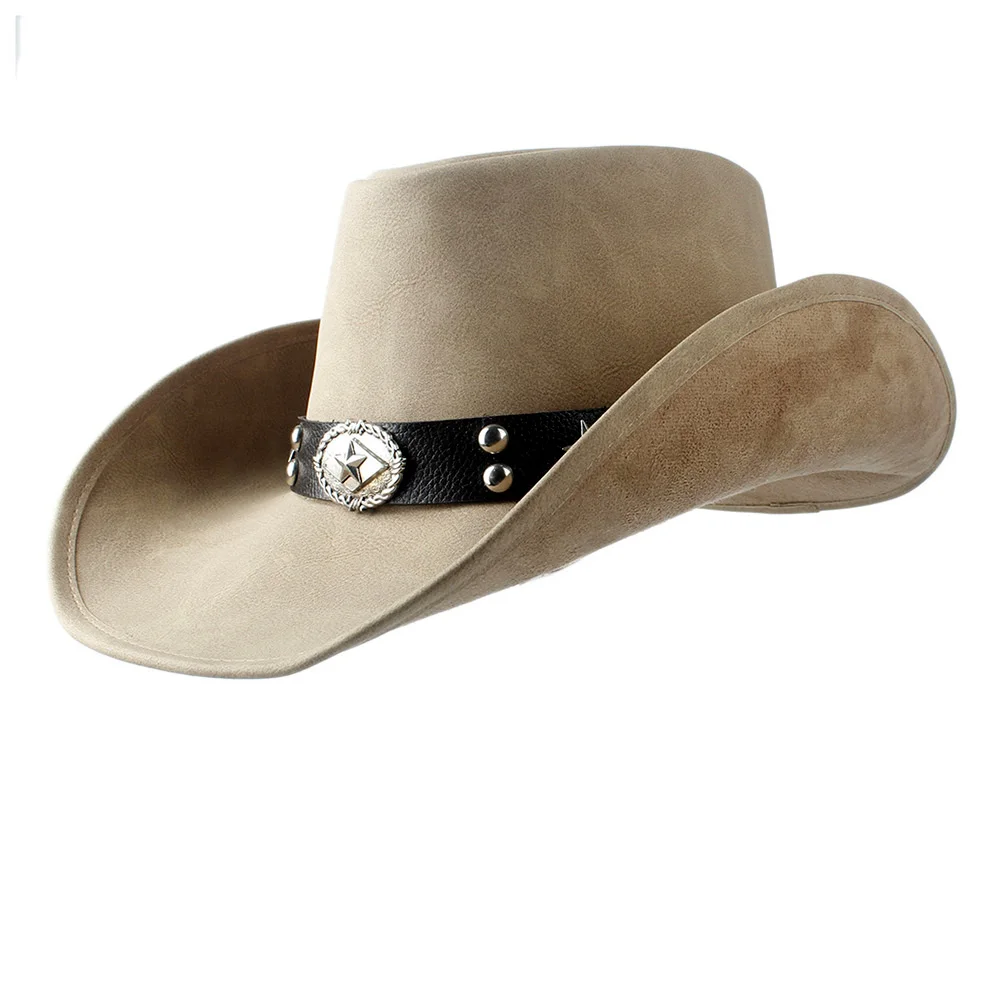 Leather Womem Men Western Cowboy Hat With Wide Brim Punk Belt Cowgirl Jazz Cap With Leather Gentleman Sombrero Cap