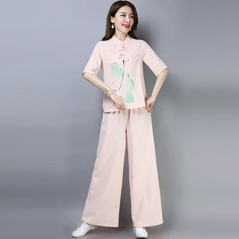 

2019 New Style Ethnic-Style WOMEN'S Dress Retro Chinese Style Cotton Linen Tea Service Hand-Painted Meditation Clothing Leisure
