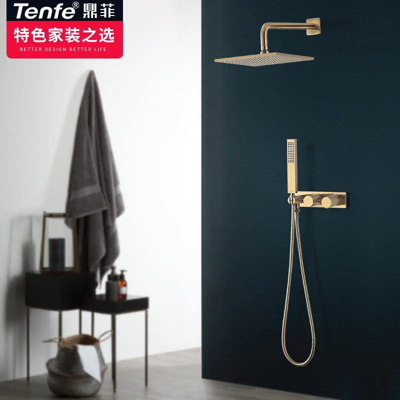 

Ding Fei Shower Room Simple European Dark Flower Sprinkler Income Wall Type Shower Wire Drawing Golden Embedded Hot And Cold