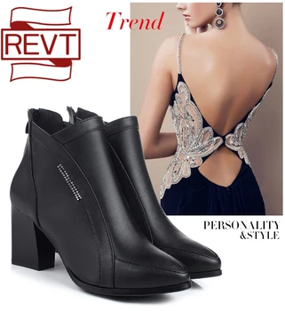 

REVT 5 Color Women's Genuel Leather Dress Shoes Boots 7cm Fashion Classic Ankle Shoes Boots Work Shoes Spring Autumn Lady Boot