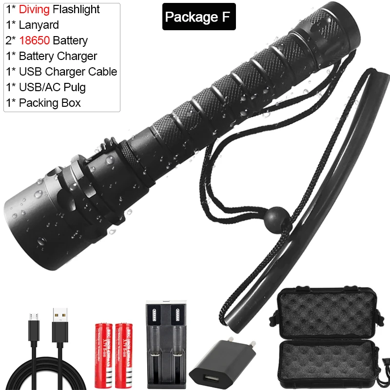 Package F Фонарик для дайвинга 5* T6 5* L2 светодиодный фонарик для подводного погружения 200 м водонепроницаемый фонарь профессиональный портативный фонарь для дайвинга - Испускаемый цвет: Package F