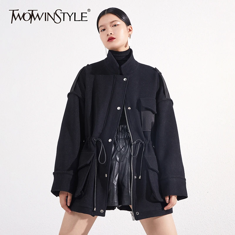 TWOTWINSTYLE Лоскутные женские шерстяные пальто с кулиской воротник лацканами длинный
