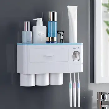 

2 Cup Wall Mount Magnetic Adsorption Inverted Toothbrush Holder Toothpaste Dispenser Makeup Storage Rack Bathroom Accessories