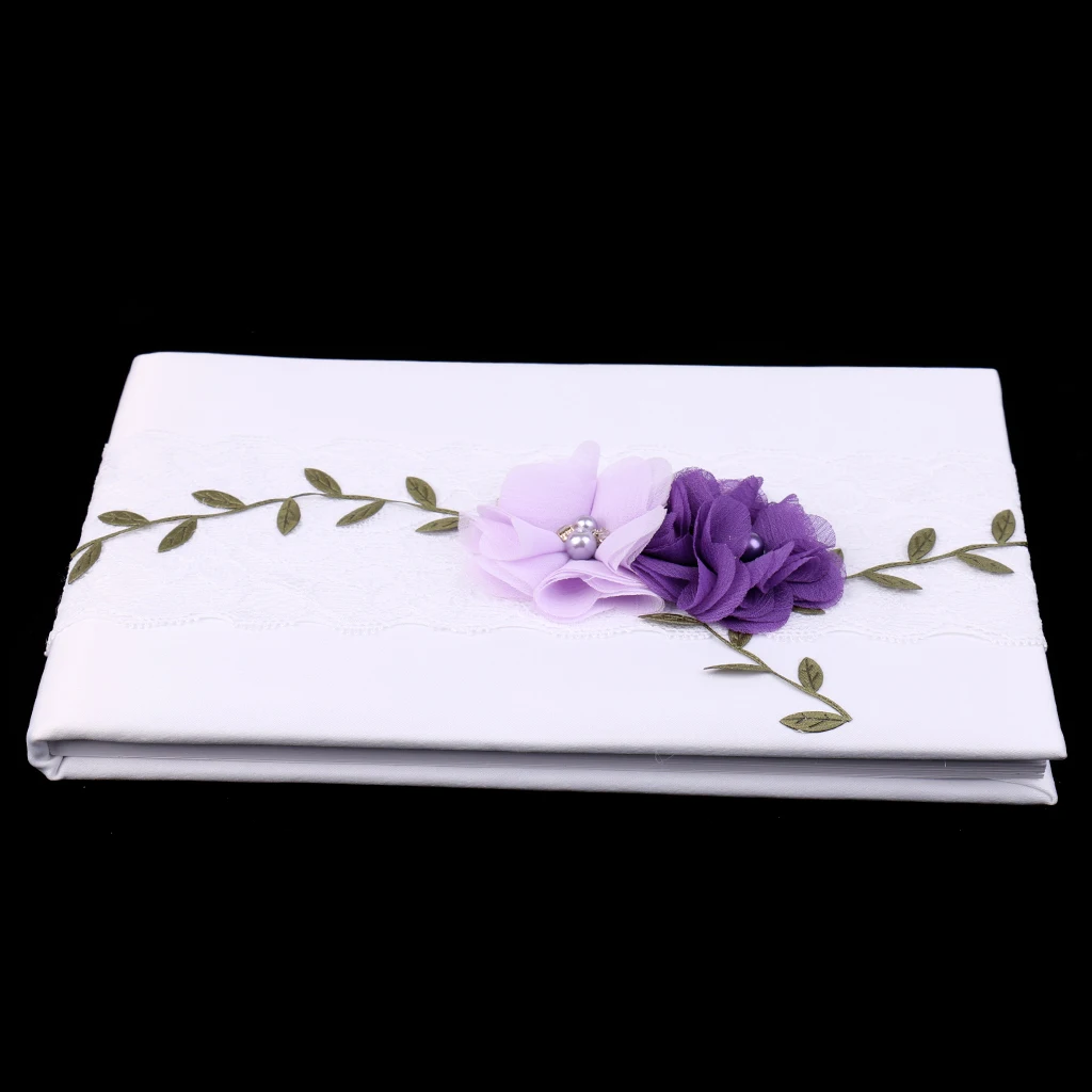White Satin Purple Floral Wedding Guest Book Signature Book Reception Desk Supplies