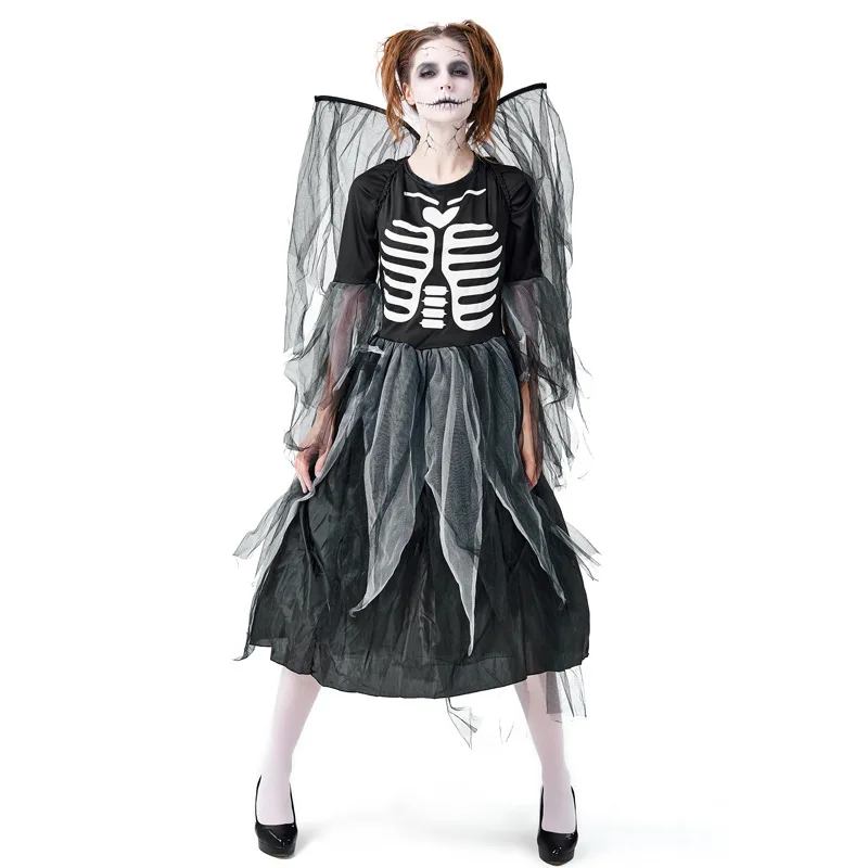 Костюм для взрослых женщин на Хеллоуин страшный череп печатных платья Темный ангел зомби черный костюм костюмы скелетов карнавальные кости Униформа XL
