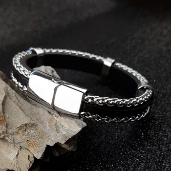 

Punk Stainless Steel Braclet Accessories Bracelets Men Leather Woven Multilayer Cuban Link Chain High Quality friend Bangle