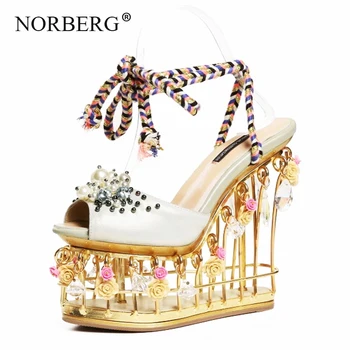 

NORBERG light green flower sandals female super high with 15cm thick bottom wedding shoes with buckle high-end party shoes femal