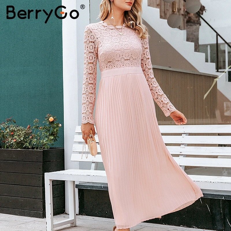Розовый BerryGo элегантное кружевное платье с вышивкой, женское повседневное плиссированное платье с круглым вырезом размера плюс, длинные белые платья на осень и зиму, женское вечернее платье - Цвет: Розовый