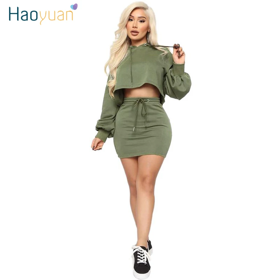 HAOYUAN, комплект из двух предметов, Женская праздничная одежда, укороченная толстовка с капюшоном, топ и мини-юбка, костюм, осенний комплект из 2 предметов, сексуальные Клубные наряды