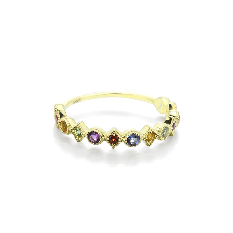 

New Sweet 7 Color Gemstone 9K Real Solid Gold Blue Topaz Citrine Amethyst Garnet Tanzanite Rings Bands for Women Upscale Jewelry