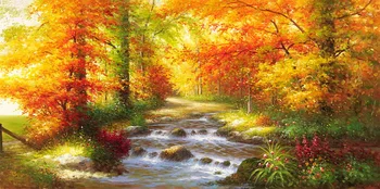 

Modern handmade painting Autumn stream landscape on cave for home decorationm wallpaper