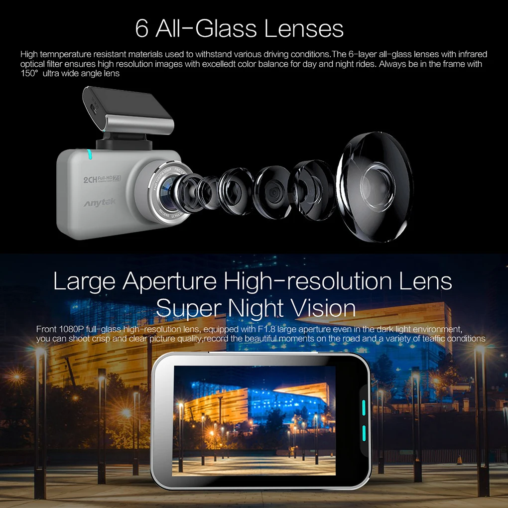 Anytek 2,35 дюймовая Автомобильная Передняя и задняя камера 1080P с широким углом обзора g-сенсором для обнаружения движения DVR рекордер