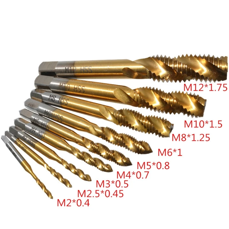 

9pcs M2-M12 Titanium Coated High Speed Steel HSS Screw Thread Metric Spiral Taps
