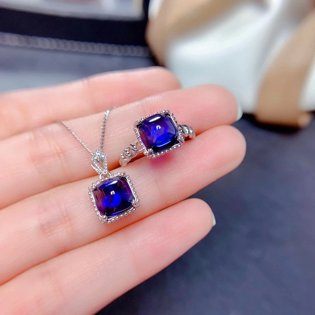 

new blue sapphire gemstone ring necklace jewelry set 925 sterling silver women ornament natural gem Sep.birthstone birthday gift